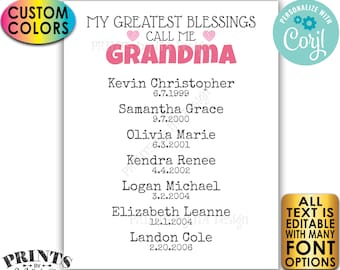 My Greatest Blessings Grandparent Gift, Grandma or Grandpa, List of Grandkids, PRINTABLE Grandchildren Sign <Edit Yourself w/Corjl>