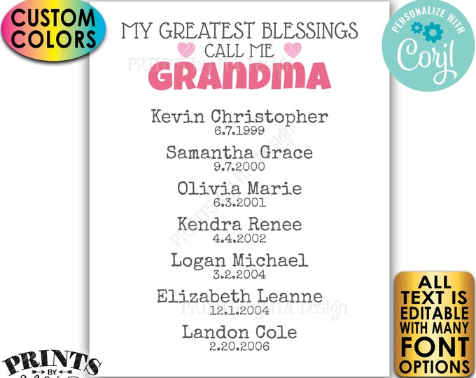 My Greatest Blessings Grandparent Gift, Grandma or Grandpa, List of Grandkids, PRINTABLE Grandchildren Sign <Edit Yourself w/Corjl>