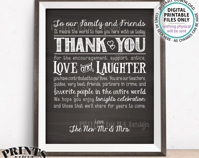 Wedding Thank You Sign, Wedding Thanks, New Mr & Mrs, Family and Friends, Wedding Poster, PRINTABLE 8x10/16x20” Chalkboard Style Sign <ID>