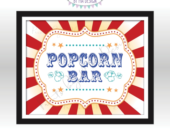 Carnival Popcorn Bar Sign, Circus Popcorn Station, Carnival Food, Concession Snacks, PRINTABLE 8x10/16x20” Carnival Popcorn Sign <ID>