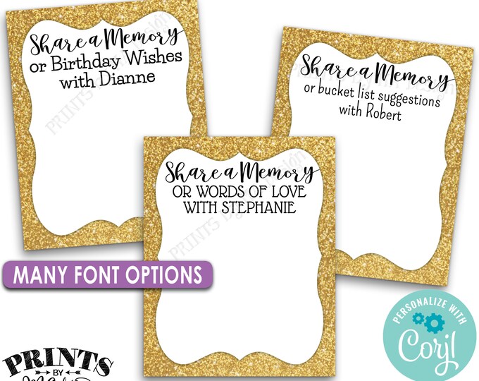 Share a Memory Cards, Graduation Party, Retirement Advice Wishes, Gold, PRINTABLE 8.5x11" Sheet of 4x5" Cards <Edit Yourself with Corjl>