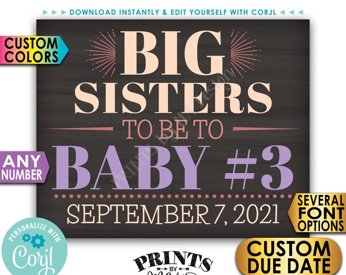 Big Sisters Pregnancy Announcement, Baby #3 #4 #5 etc.  Any Number, PRINTABLE Chalkboard Style Baby Reveal Sign <Edit Yourself with Corjl>