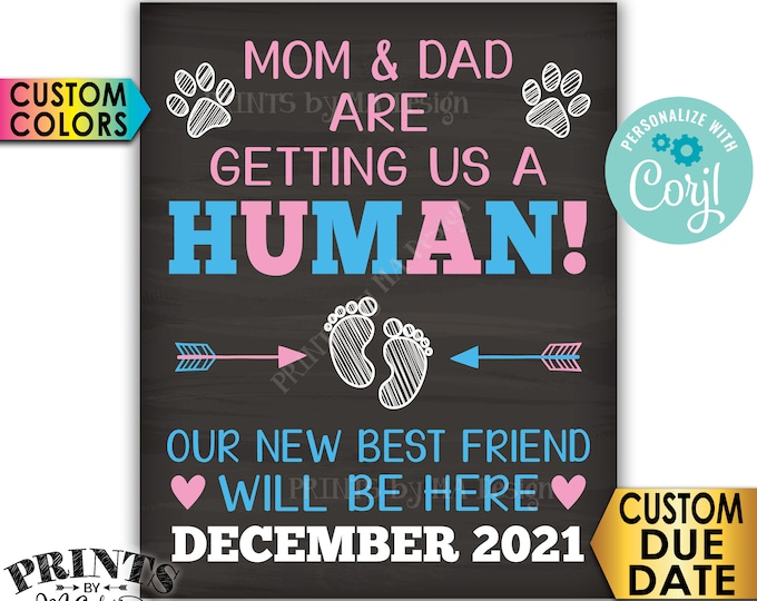 Pets Pregnancy Announcement, Mom and Dad are Getting Us a Human, PRINTABLE 8x10/16x20” Chalkboard Style Sign <Edit Yourself with Corjl>