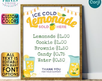 Editable Lemonade Stand Sign, Choose Your Text, Custom Colors, One PRINTABLE 8x10/16x20” Portrait Sign <Edit Yourself w/Corjl>