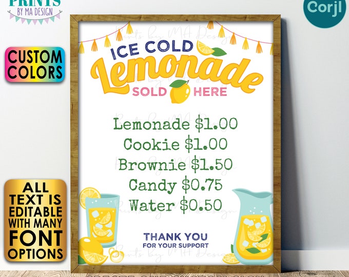 Editable Lemonade Stand Sign, Choose Your Text, Custom Colors, One PRINTABLE 8x10/16x20” Portrait Sign <Edit Yourself w/Corjl>