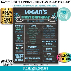 Poster del primo compleanno, 1st Bday Tabellone delle pietre miliari personalizzate, Statistiche annuali, Segno in stile lavagna STAMPABILE personalizzato <Modifica te stesso con Corjl>