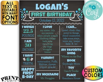 First Birthday Poster, 1st Bday Personalized Milestones Board, Yearly Stats, Custom PRINTABLE Chalkboard Style Sign <Edit Yourself w/Corjl>