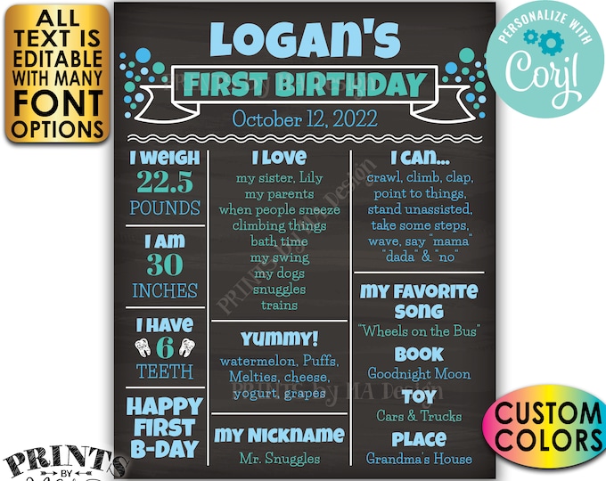 First Birthday Poster, 1st Bday Personalized Milestones Board, Yearly Stats, Custom PRINTABLE Chalkboard Style Sign <Edit Yourself w/Corjl>