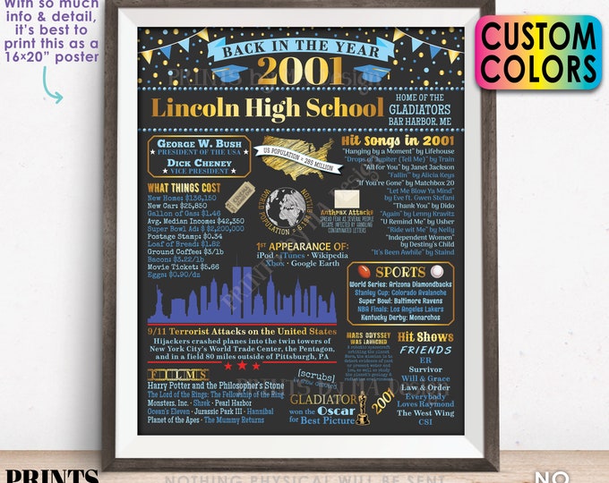 Back in the Year 2001 Poster Board, Class of 2001 Reunion Decoration, Flashback to 2001 Graduating Class, Custom PRINTABLE 16x20” Sign