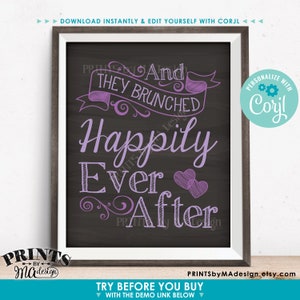 Bridal Shower Brunch Sign, They Brunched Happily Ever After PRINTABLE 16x20” Chalkboard Style Wedding Sign <Edit Colors Yourself with Corjl> image 2