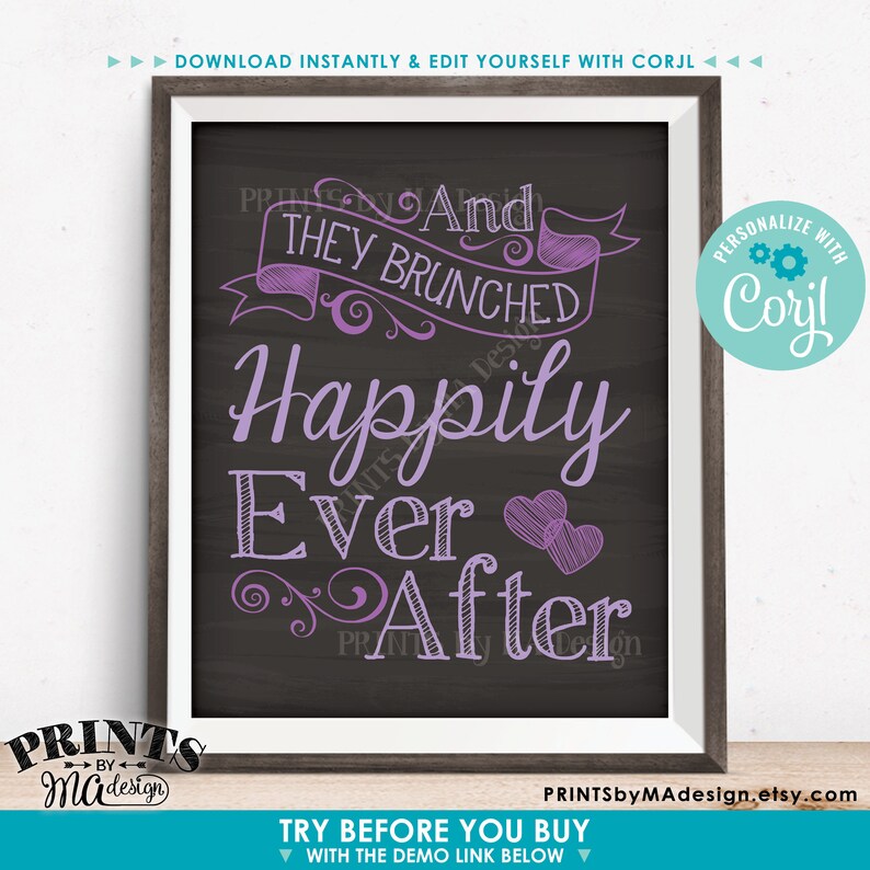 Bridal Shower Brunch Sign, They Brunched Happily Ever After PRINTABLE 16x20” Chalkboard Style Wedding Sign <Edit Colors Yourself with Corjl> image 2
