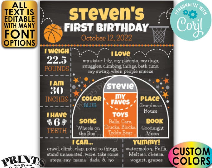 Basketball Birthday Board, Personalized Milestones Poster, Custom PRINTABLE Chalkboard Style 1st B-day Stats Sign <Edit Yourself w/Corjl>