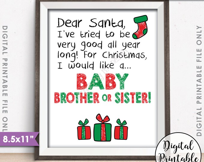 Christmas Pregnancy Announcement Sign, Christmas Wish List for Baby Brother or Sister Photo Prop, PRINTABLE 8.5x11" Baby #2 Reveal Sign <ID>