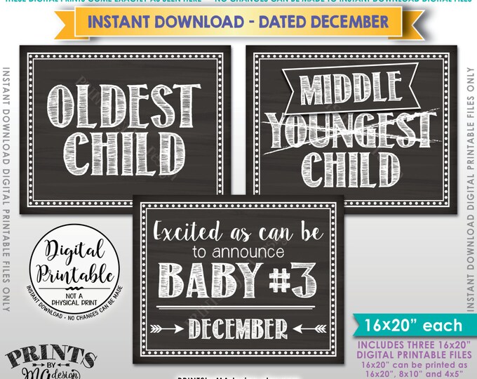 3rd Baby Pregnancy Announcement, Oldest Middle Youngest, Pregnancy Signs, DECEMBER Dated Chalkboard Style PRINTABLE Baby Reveal Signs <ID>