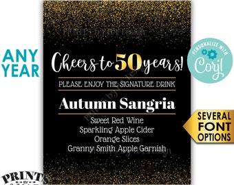 Signature Drink Sign, Cheers to Years, Any Number, PRINTABLE 8x10/16x20” Black & Gold Glitter Bar Decoration <Edit Yourself with Corjl>