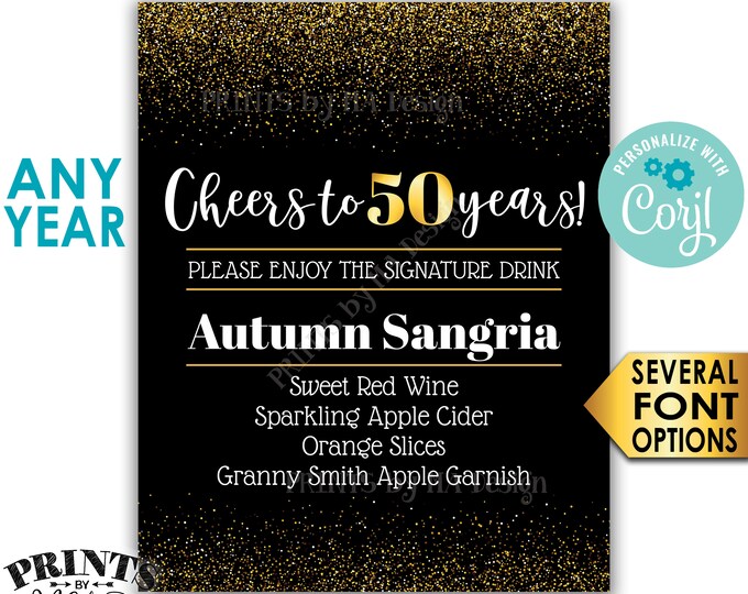 Signature Drink Sign, Cheers to Years, Any Number, PRINTABLE 8x10/16x20” Black & Gold Glitter Bar Decoration <Edit Yourself with Corjl>