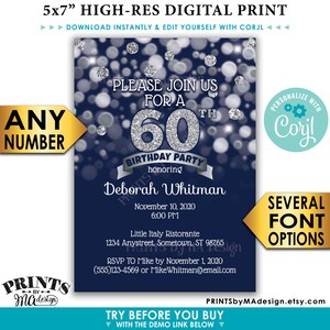 Navy Blue and Silver Glitter Birthday Party Invitation, Any Birthday, PRINTABLE 5x7" Bday Invite Card <Edit Yourself with Corjl> image 1