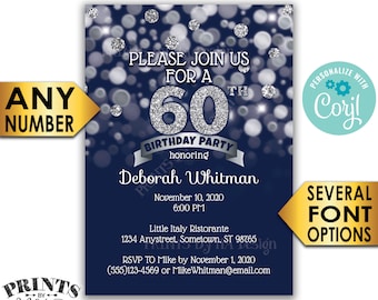 Navy Blue and Silver Glitter Birthday Party Invitation, Any Birthday, PRINTABLE 5x7" Bday Invite Card <Edit Yourself with Corjl>