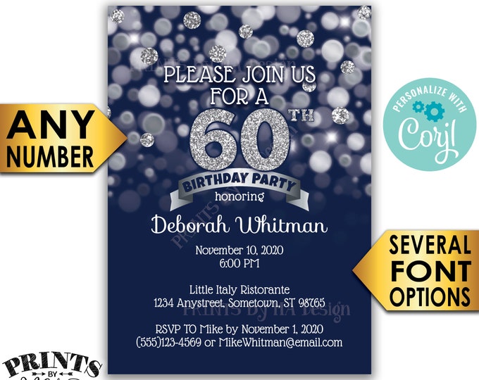 Navy Blue and Silver Glitter Birthday Party Invitation, Any Birthday, PRINTABLE 5x7" Bday Invite Card <Edit Yourself with Corjl>