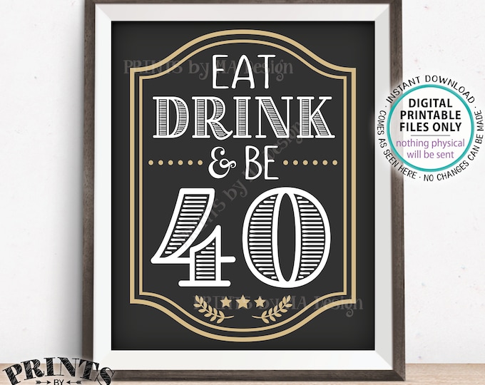 Eat Drink & Be 40 Sign, 40th B-day Party Decor, Cheers and Beers to 40 Years, Fortieth Birthday, PRINTABLE 8x10/16x20” 40th Bday Sign <ID>