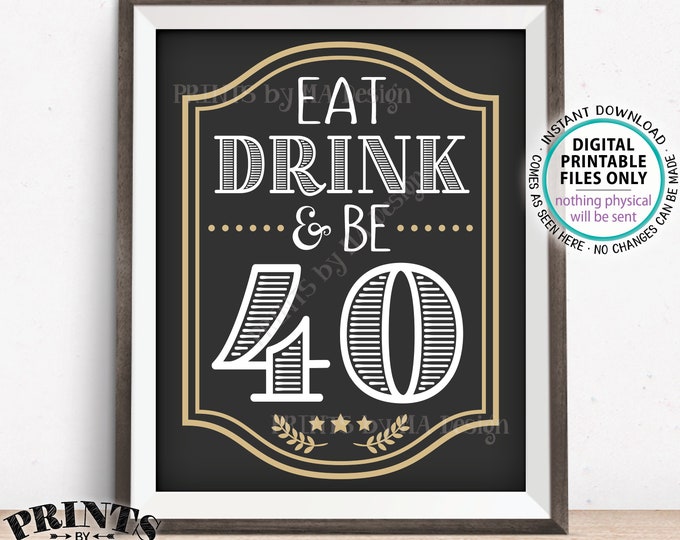 Eat Drink & Be 40 Sign, 40th B-day Party Decor, Cheers and Beers to 40 Years, Fortieth Birthday, PRINTABLE 8x10/16x20” 40th Bday Sign <ID>