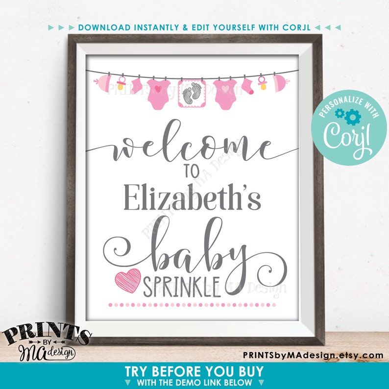 Op de afbeelding: Een printbaar welkomsbord voor een baby sprinkle, met een grijs en wit ontwerp met roze accenten. Het bord zegt "Welkom bij Elizabeth's Baby Sprinkle".