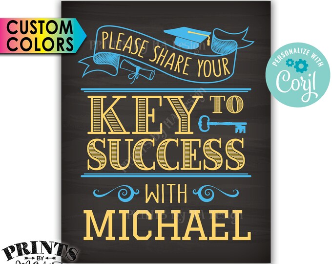 Graduation Key to Success Sign, PRINTABLE 8x10” Chalkboard Style Graduation Party Decoration <Edit Yourself with Corjl>