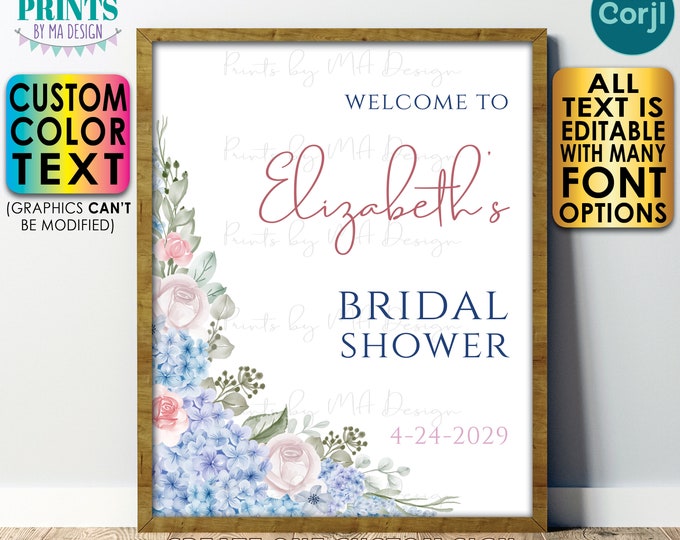 Floral Bridal Shower Welcome Sign, Blue Flowers, Hydrangeas, Roses, One Custom PRINTABLE 8x10/16x20” Sign <Edit Yourself with Corjl>