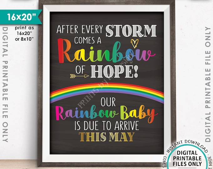 Rainbow Baby Pregnancy Announcement, Pregnancy Reveal After Loss, Baby Due in MAY Dated Chalkboard Style PRINTABLE 8x10/16x20” Sign <ID>