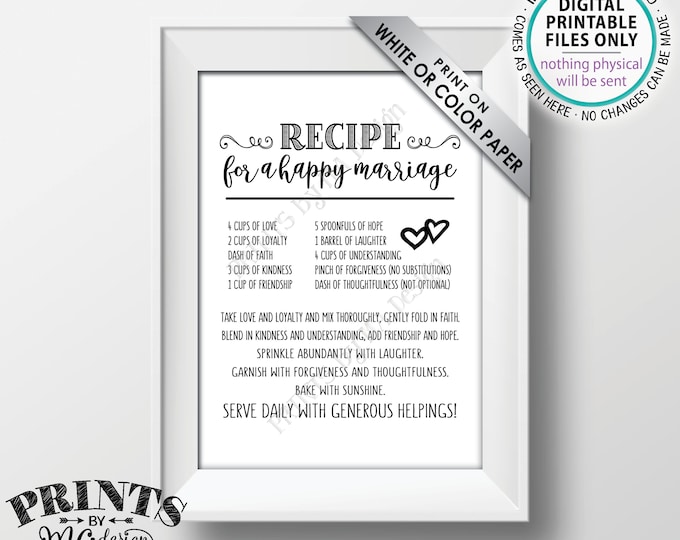 Recipe for a Happy Marriage Sign,  Bridal Shower Gift, Key to a Happy Marriage, Wedding Advice for Marriage, PRINTABLE 5x7” Sign <ID>