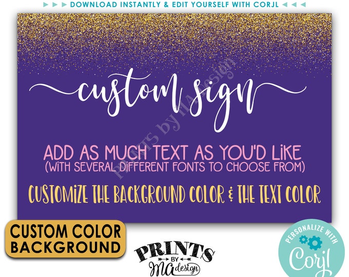Custom Gold Sign, Gold Glitter with Custom Background Color, One Editable PRINTABLE 24x36” Landscape Banner <Edit Yourself with Corjl>