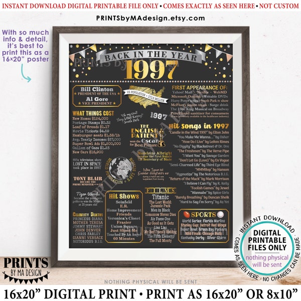 Back in the Year 1997 Poster Board, Remember 1997 Sign, Flashback to 1997 USA History from 1997, PRINTABLE 16x20” Sign <ID>