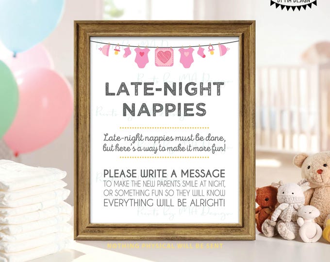 Late-Night Nappies Sign the Nappy Thoughts, Funny Baby Shower Activity, Game, It's a Girl, Pink/Gray PRINTABLE 8x10/16x20” Sign <ID>