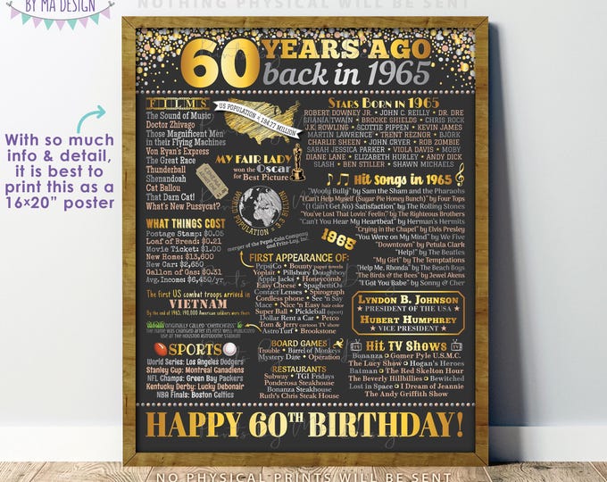 60th Birthday Poster Board, Born in the Year 1965 Flashback 60 Years Ago B-day Gift, PRINTABLE 16x20” Back in 1965 Sign <ID>