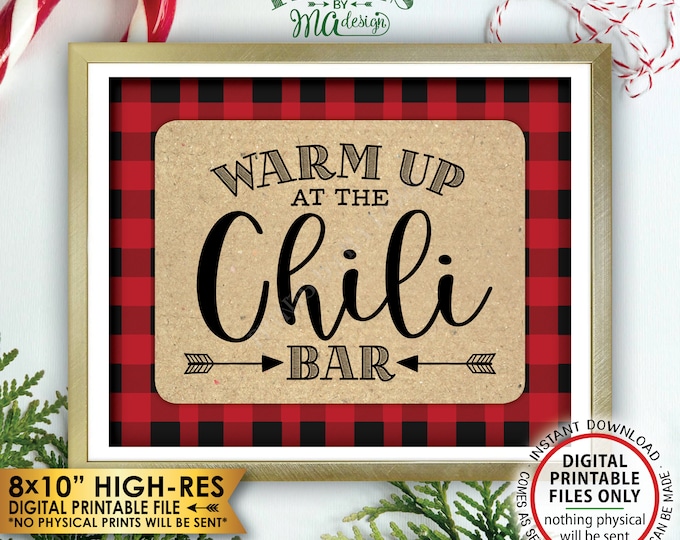 Warm Up at the Chili Bar Sign, Lumberjack Chili Sign, Chili Buffet Sign, Red Checker, Christmas Party Decorations, PRINTABLE 8x10” Sign <ID>