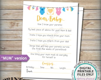 Dear Baby Shower Activity, Baby Shower Game, Baby Advice Game, UK/Austraila Mum Version, Gender Neutral PRINTABLE 5x7” Sign <ID>