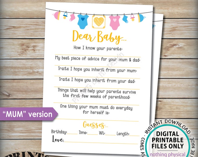 Dear Baby Shower Activity, Baby Shower Game, Baby Advice Game, UK/Austraila Mum Version, Gender Neutral 5x7” Printable Instant Download