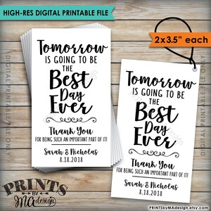 Etiquetas "Mañana será el mejor día de todos", etiquetas para la cena de ensayo, etiquetas para regalo de ensayo de boda, tarjetas de 2 x 3,5" en archivo imprimible de 8,5 x 11"