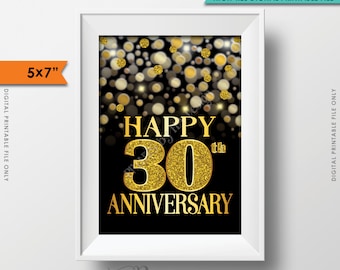 30th Anniversary Card Black & Gold Glitter 30th Golden Bokeh, Thirtieth Anniversary Card, PRINTABLE 5x7” Sign <ID>