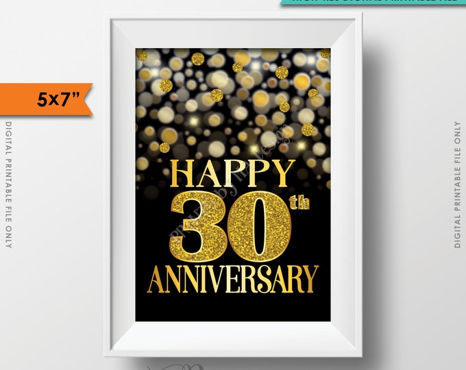 30th Anniversary Card Black & Gold Glitter 30th Golden Bokeh, Thirtieth Anniversary Card, 5x7" Instant Download Digital Printable File <ID>