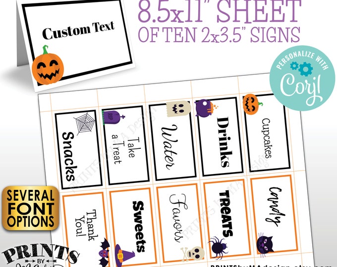 Halloween Place Cards, Buffet Food Signs, One PRINTABLE 8.5x11" Sheet of 2x3.5" Halloween Party Labels <Edit Yourself with Corjl>