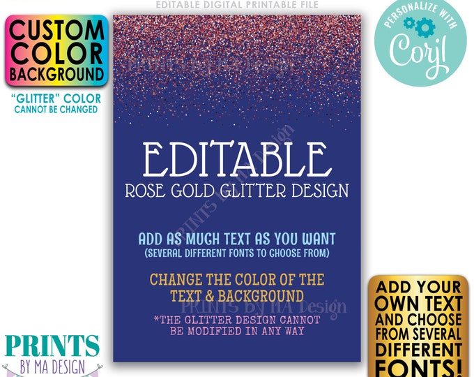 Editable Rose Gold Glitter Portrait Sign, Choose Your Text & Colors, Glitz and Glam, ONE Custom PRINTABLE 5x7” Sign <Edit Yourself w/Corjl>