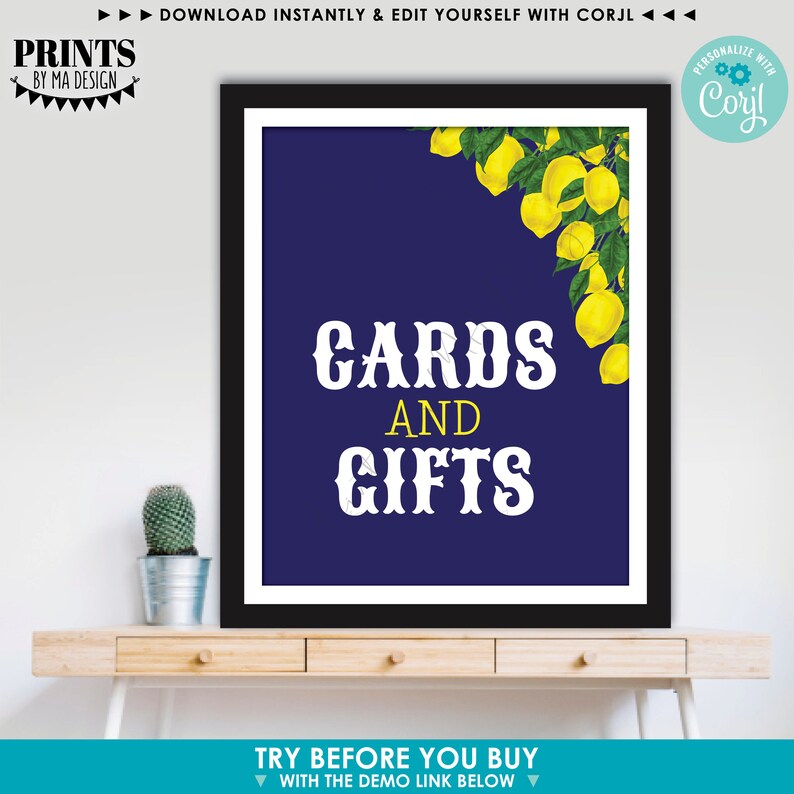 May include: A printable sign with a navy blue background and a white border. The sign has a lemon illustration in the top right corner and the text "CARDS AND GIFTS" in white letters.
