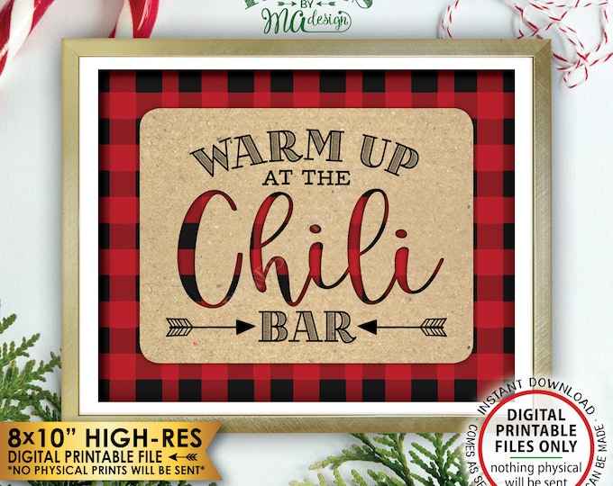 Warm Up at the Chili Bar Sign, Lumberjack Chili Sign, Red Checker Chili Buffet Sign, Christmas Decorations, PRINTABLE 8x10” Instant Download