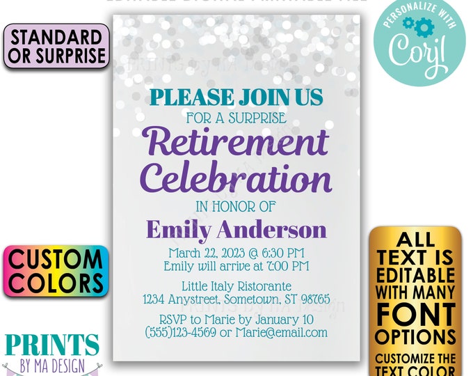 Editable Retirement Party Invitation, Retirement Celebration Invite, Custom PRINTABLE 5x7" Glitter Style Invite <Edit Yourself w/Corjl>