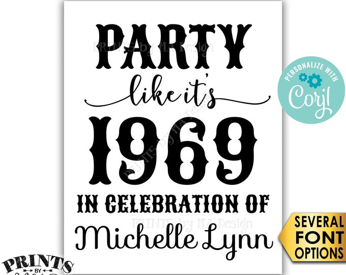 Party Like It's ANY Year Sign with a Custom Name, Birthday, Class Reunion, PRINTABLE 8x10/16x20” B&W Sign <Edit Yourself with Corjl>