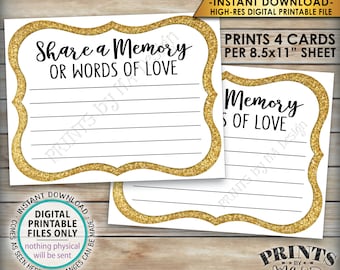 Share a Memory Card, Memory or Words of Love, Share Memories, Memorial, Retirement, Graduation, Gold, 4 cards per 8.5x11" PRINTABLE Sheet