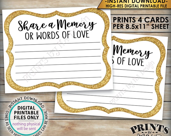 Share a Memory Card, Memory or Words of Love, Share Memories, Memorial, Retirement, Graduation, Gold, 4 cards per 8.5x11" PRINTABLE Sheet