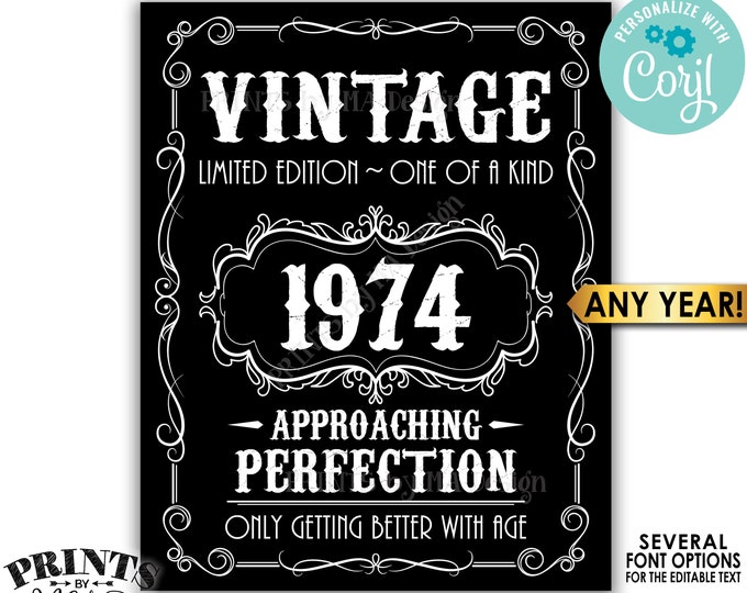 Vintage Birthday Sign, Getting Better with Age Whiskey Themed Editable Template, Any Year, PRINTABLE Black 16x20" <Edit Yourself w/Corjl>