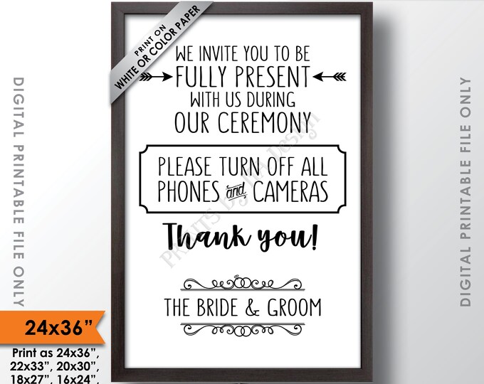 Unplugged Ceremony Sign, No Phones or Cameras, Unplugged Wedding Sign, Unplugged Sign, Turn off Phones, 24x36" Printable Instant Download